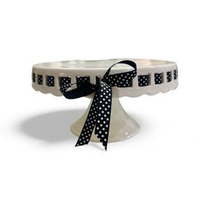 Grace Pantry Pedestal Cake Stand Ivory Ceramic Black White Polka Dot Ribbon